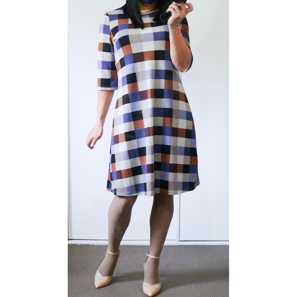 Emery Rose Shein Women Plaid Shift Dress Brown Purple Check 3/4 Sleeve‎ Size M